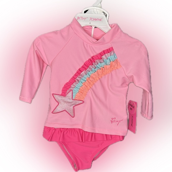 BETSEY JOHNSON BABY GIRL’S 2-PIECE MULTI-COLOR RUFFLE RASHGUARD SWIM SET 12M - Picture 1 of 8